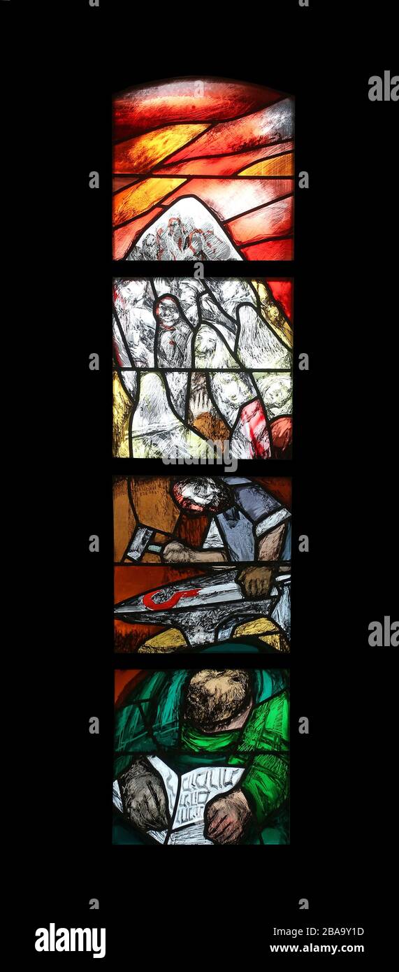 The journey of the nation at the end of the day on Mount Sinai, stained glass window by Sieger Koder in Saint James church in Sontbergen, Germany Stock Photo