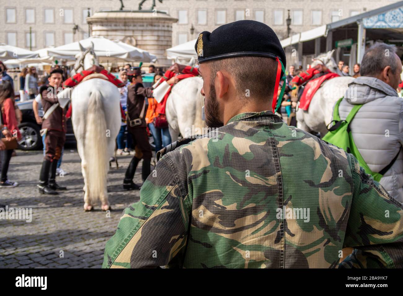 Lisbon, Portugal 8 March 2020: Back view of a portguese soldier during a military parade at Praca da Figueira Stock Photo