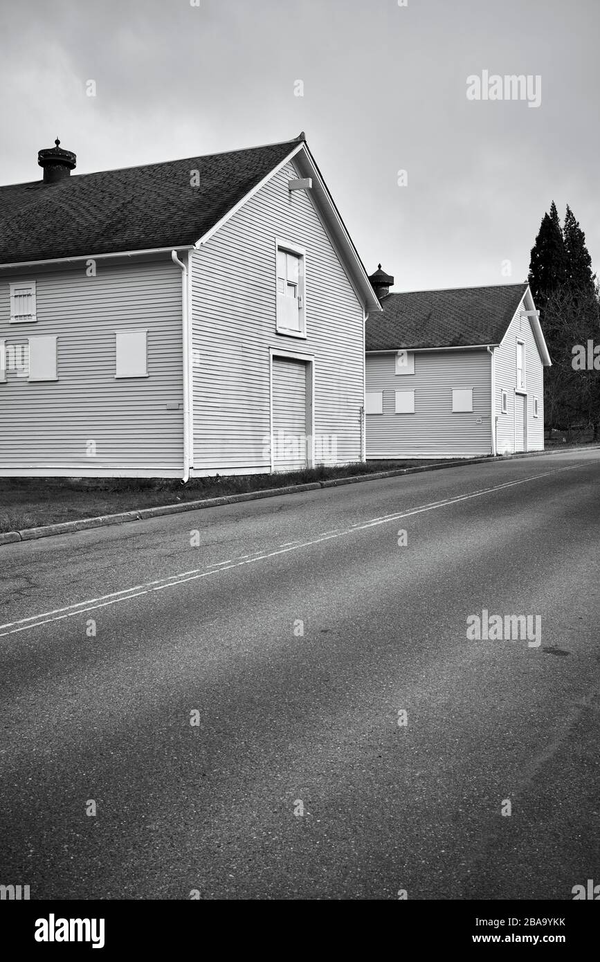Closed stables at Fort Lawton Historic District in Seattle, WA. Stock Photo
