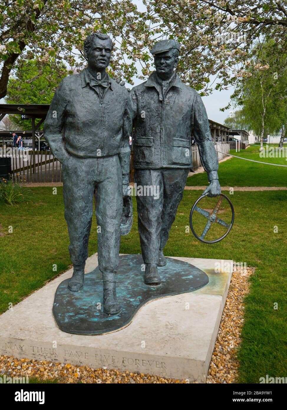 Mike Hawthorn and Lofty England statue at Goodwood motor racing circuit, West Sussex UK 2019 Stock Photo
