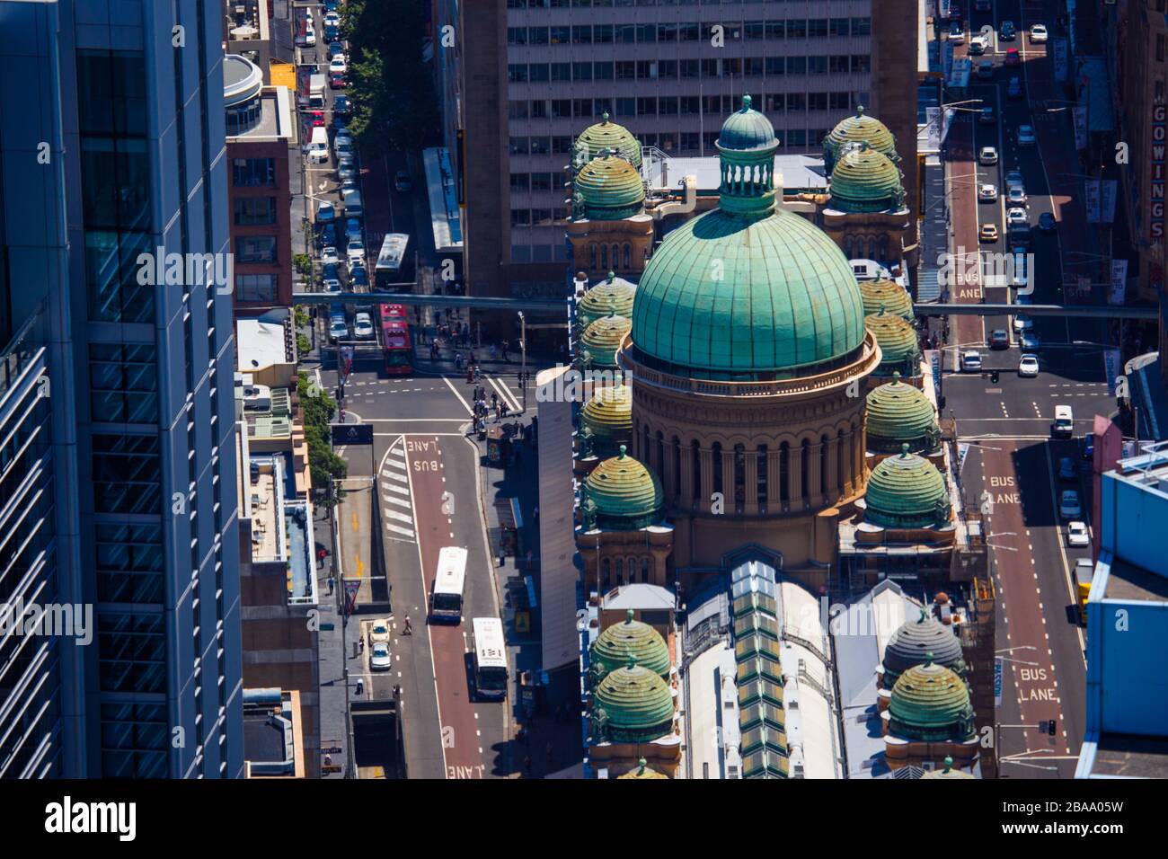 A closeup top view of the Queen Victoria building in the centre of