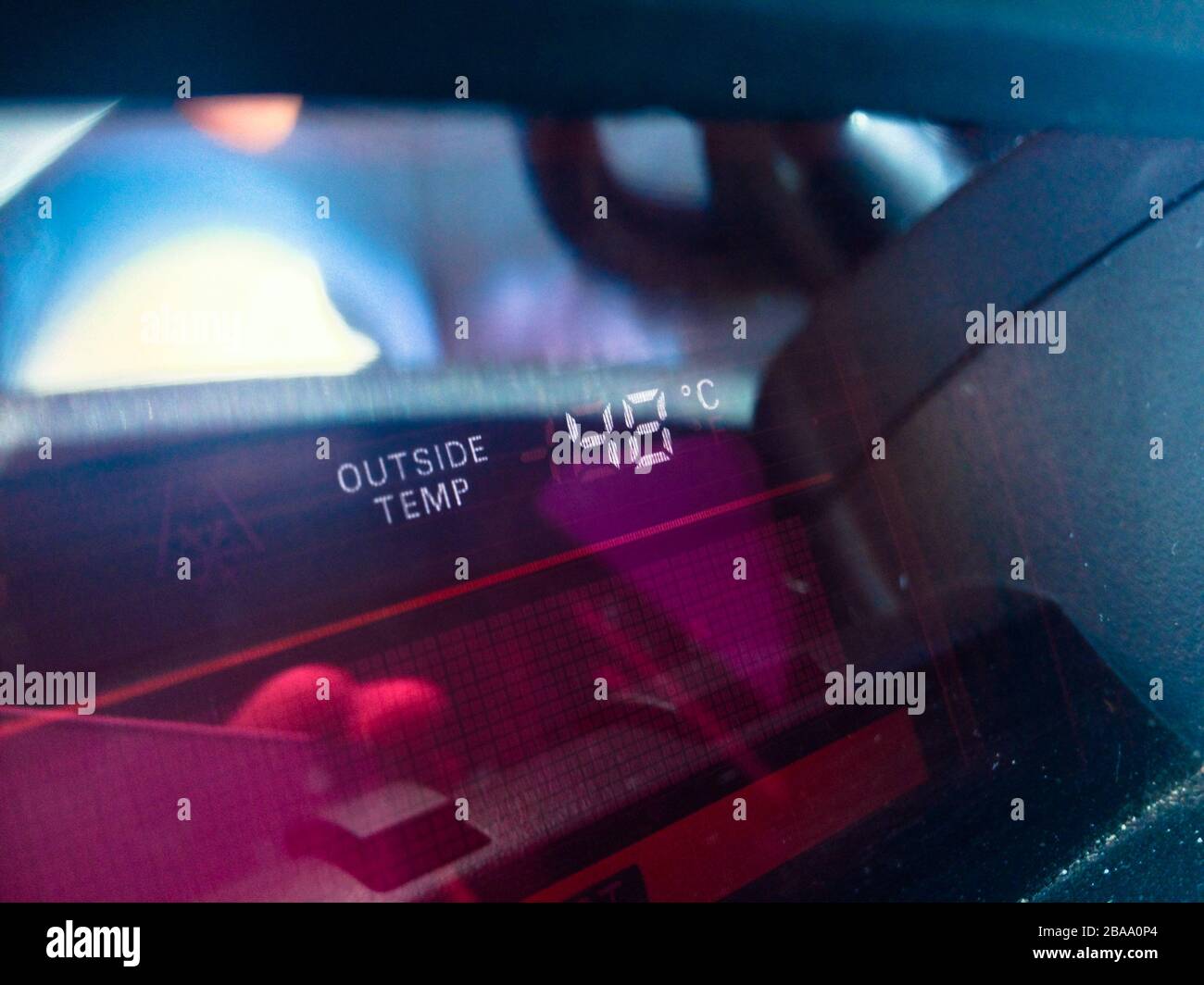 A car temperature gauge shows the outside temperature as 48c on a boiling summer day in Sydney, Australia Stock Photo