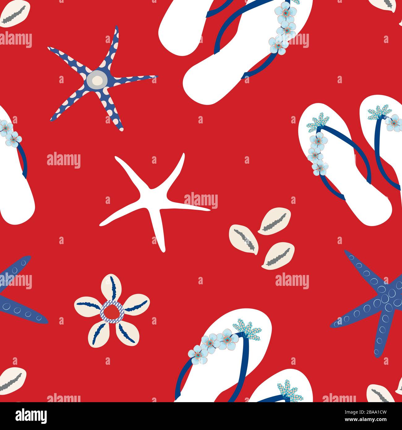 Nautical flip flop shoe seamless vector pattern background. Stylish sandals, starfish, cowrie shell backdrop. Bright red, white and blue. All over Stock Vector