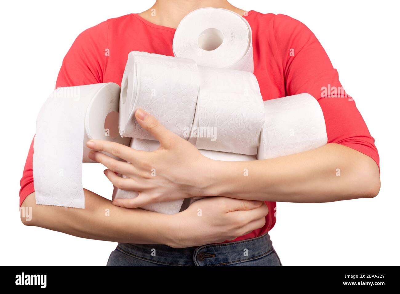 Young woman holds big stack of toilet paper rolls isoaleted. Over consumer society concept