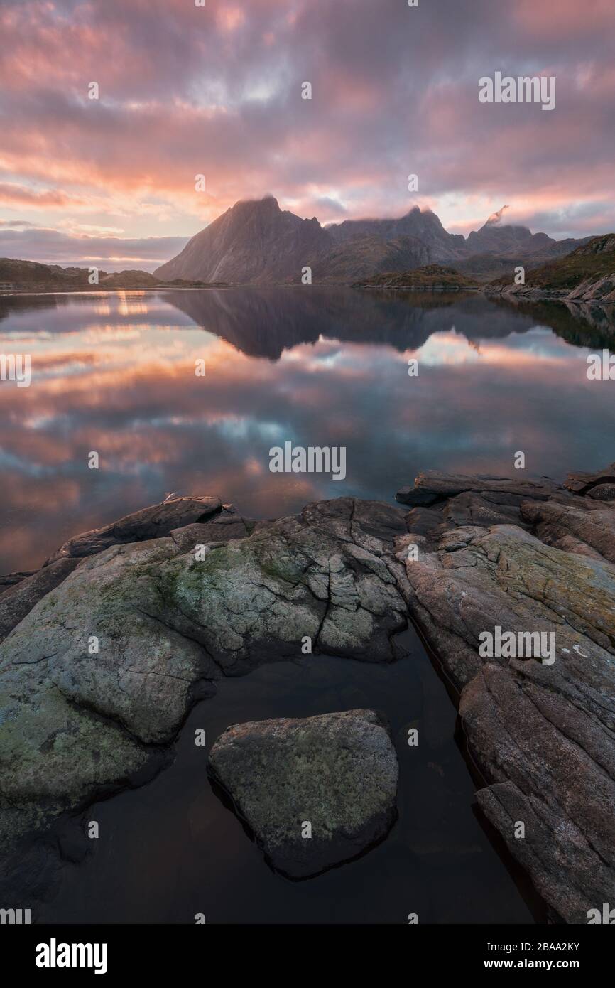 View Of A Norwegian Fjord In Summer On Senja Island In Northern Norway Beautiful Landscape Tromso Country Colorful Sunset Midnight Sun During Summer Stock Photo Alamy