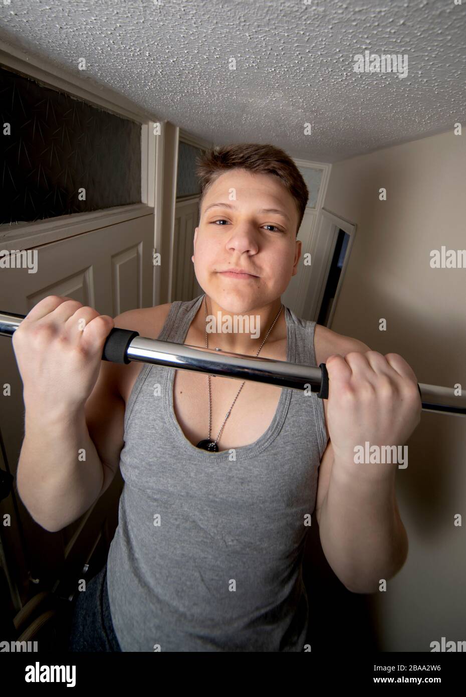 Boy workout home, pull ups on the bar Stock Photo Alamy