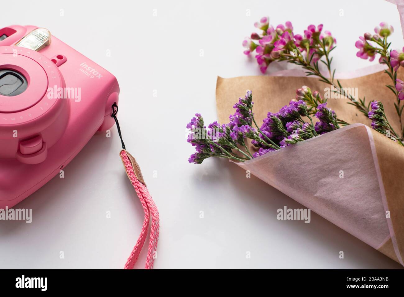 Minimal White background, polaroid, brown paper, pink purple wildflowers female concept, nature, beauty, feminine, mimimum, instax pink camera, travel Stock Photo