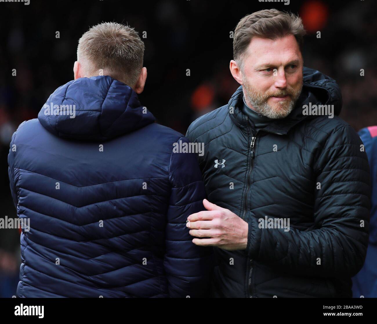 Southampton FC manager Ralph Hassenhuttl (right) shakes hands with Aston Villa manager Dean Smith before the match Stock Photo