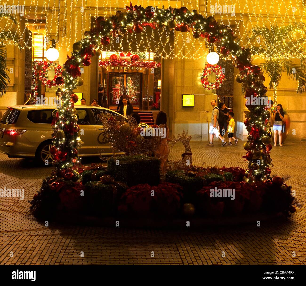 Christmas decorations at the entrance to the Fullerton Hotel, Singapore Stock Photo