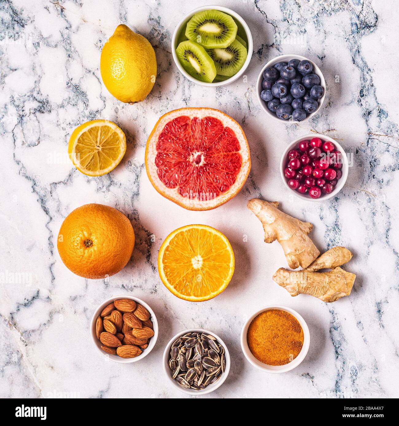 Superfoods for Immunity boosting and cold remedies, top view. Stock Photo