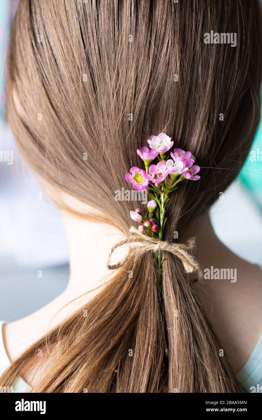 Feminine concept, delicate, beauty, beautiful, wildflowers, flowers in womans hair, girl, long hair pony tail, female concept, nature, natural, brown Stock Photo