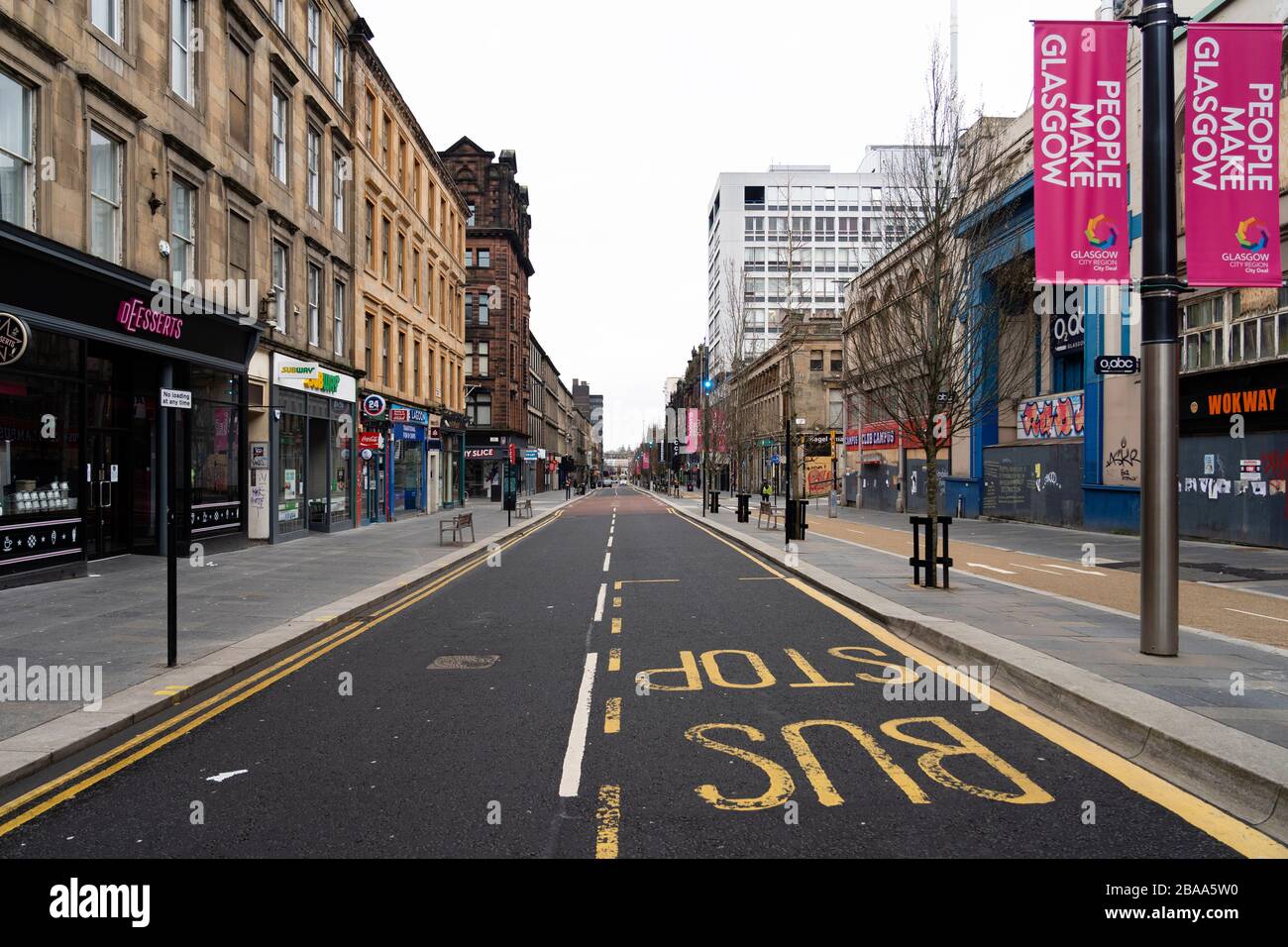 Glasgow, Scotland, UK. 26 March, 2020. Views from city centre in Glasgow on Thursday during the third day of the Government sanctioned Covid-19 lockdown. The city is largely deserted. Only food and convenience stores open. Pictured; Sauchiehall Street is virtually deserted.Iain Masterton/Alamy Live News Stock Photo