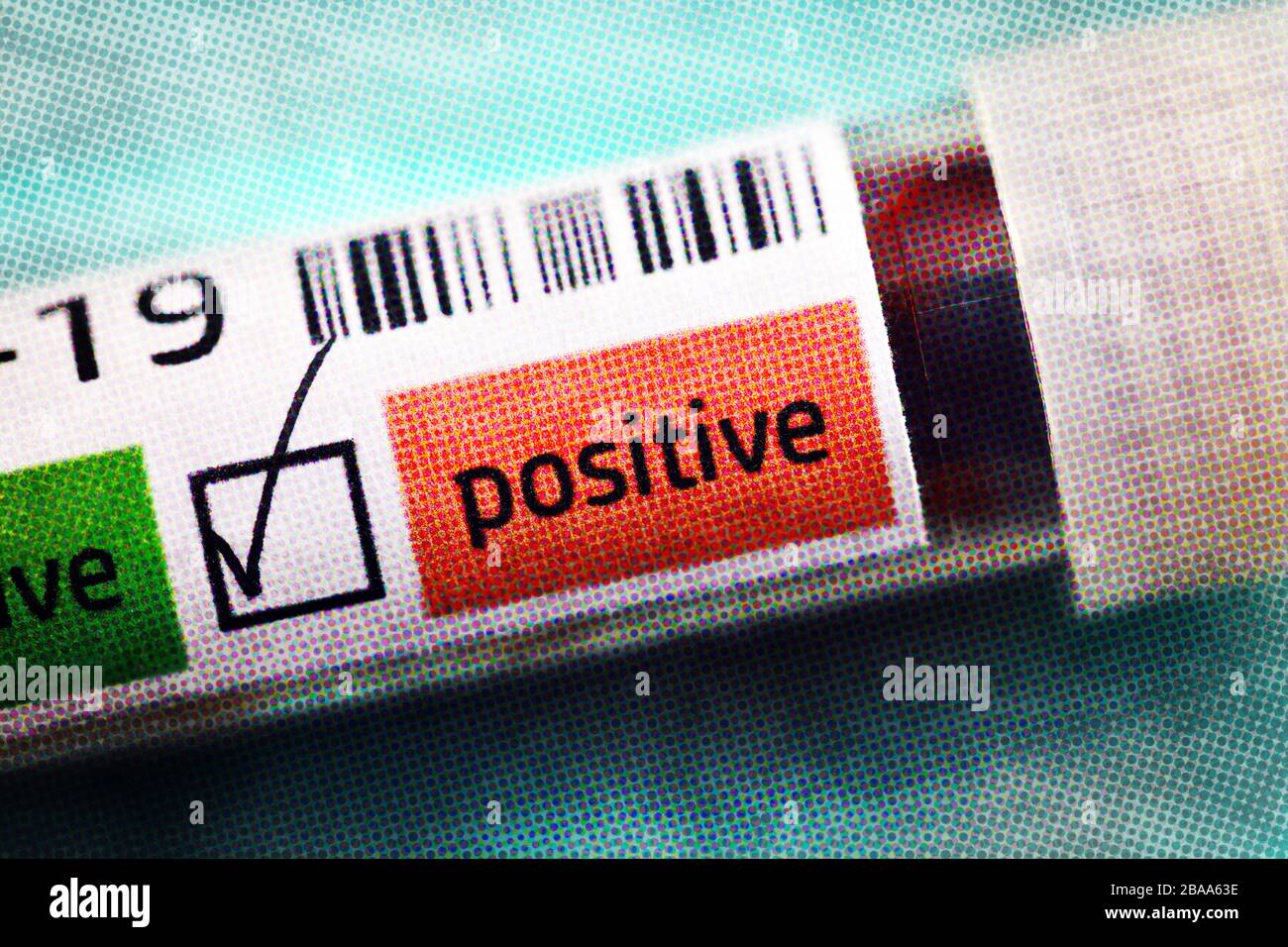 Covid blood sample tube 19 with positive Covid 19 findings, symbolic photo Coronavirus, Covid-19-Blutentnahmeröhrchen mit positivem Covid-19-Befund, S Stock Photo