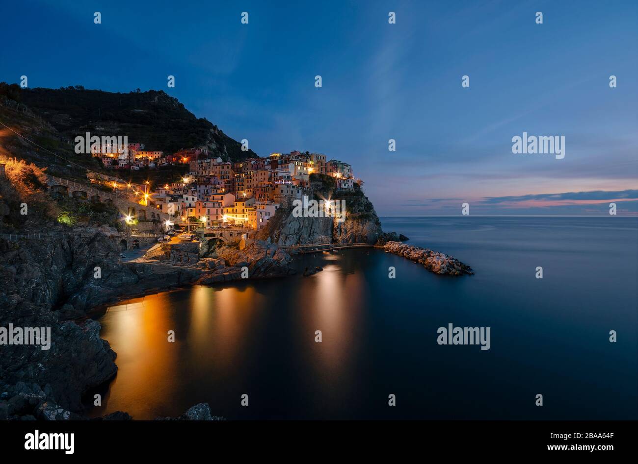 Manarola, Italy, during an amazing sunset. Stock Photo