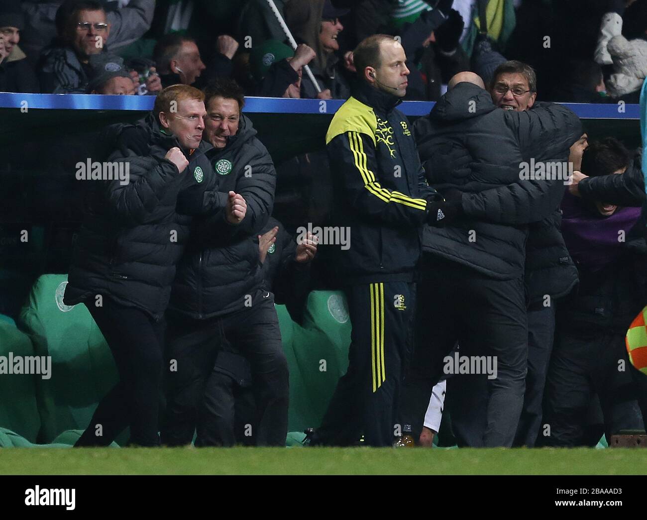 Celtic's manager Neil Lennon is hugged by Garry Parker after the second goal Stock Photo