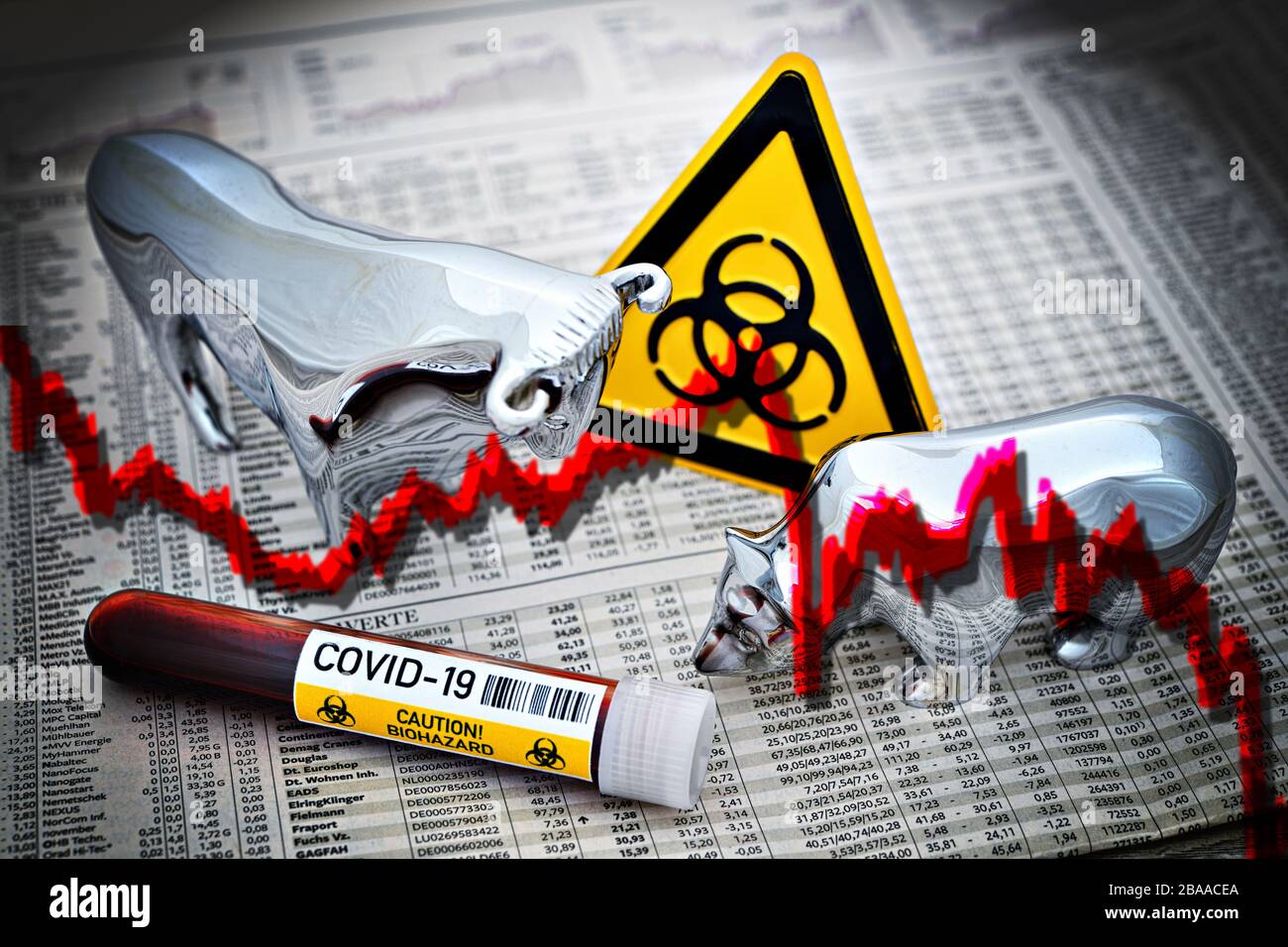 PHOTOMONTAGE, stock market symbols bull and bear with biology danger sign and sinking course curve, symbolic photo for stock market fluctuations by th Stock Photo