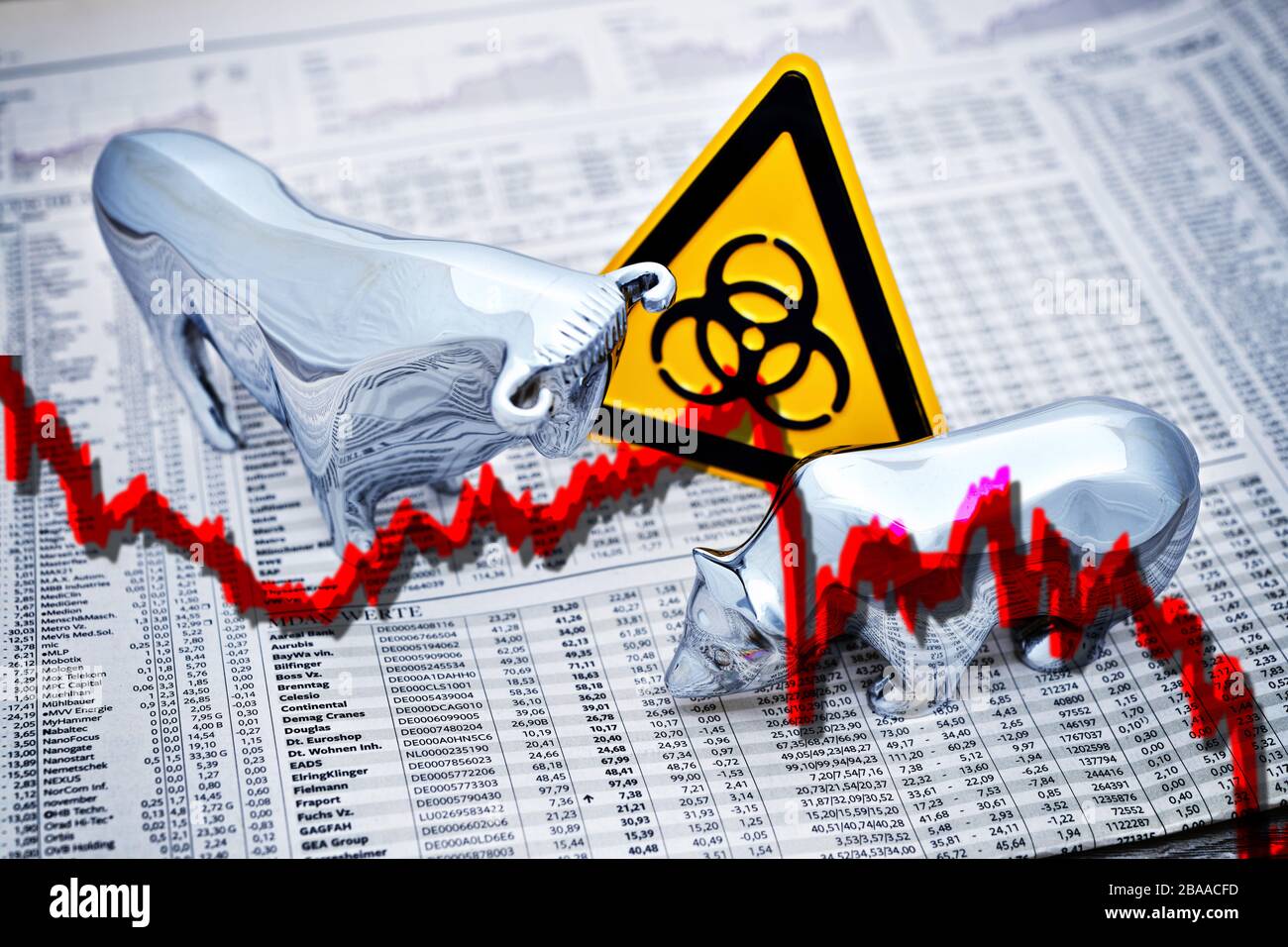 PHOTOMONTAGE, stock market symbols bull and bear with biology danger sign and sinking course curve, symbolic photo for stock market fluctuations by th Stock Photo