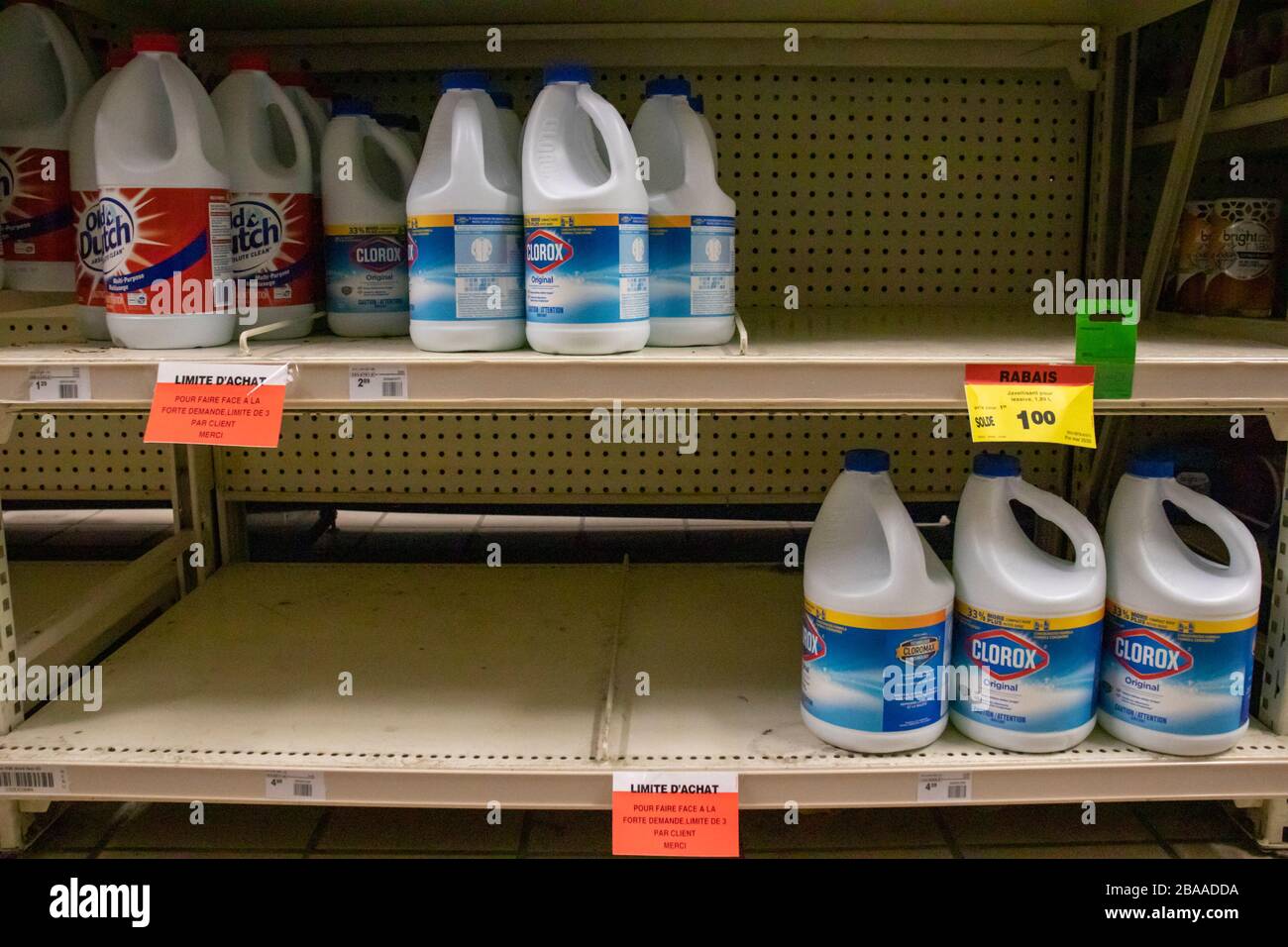 March 24, 2020 - Montreal, Qc :Low Stock of Clorox & Old Dutch Bleach Bottles on shelves, Coronavirus (COVID-19) Pandemic Crisis, Canadian Tire Store Stock Photo