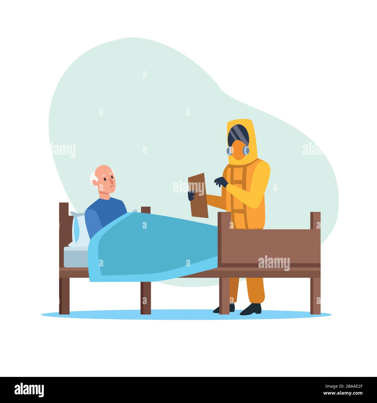 doctor with biohazard suit protecting elderly person Stock Vector
