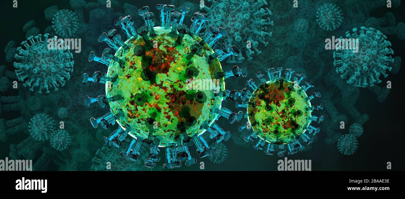 Global Pandemic. 3D Illustration of the Coronavirus molecule. Map of the globe, global hemispheres are visible on the surface of the virus structure. Stock Photo