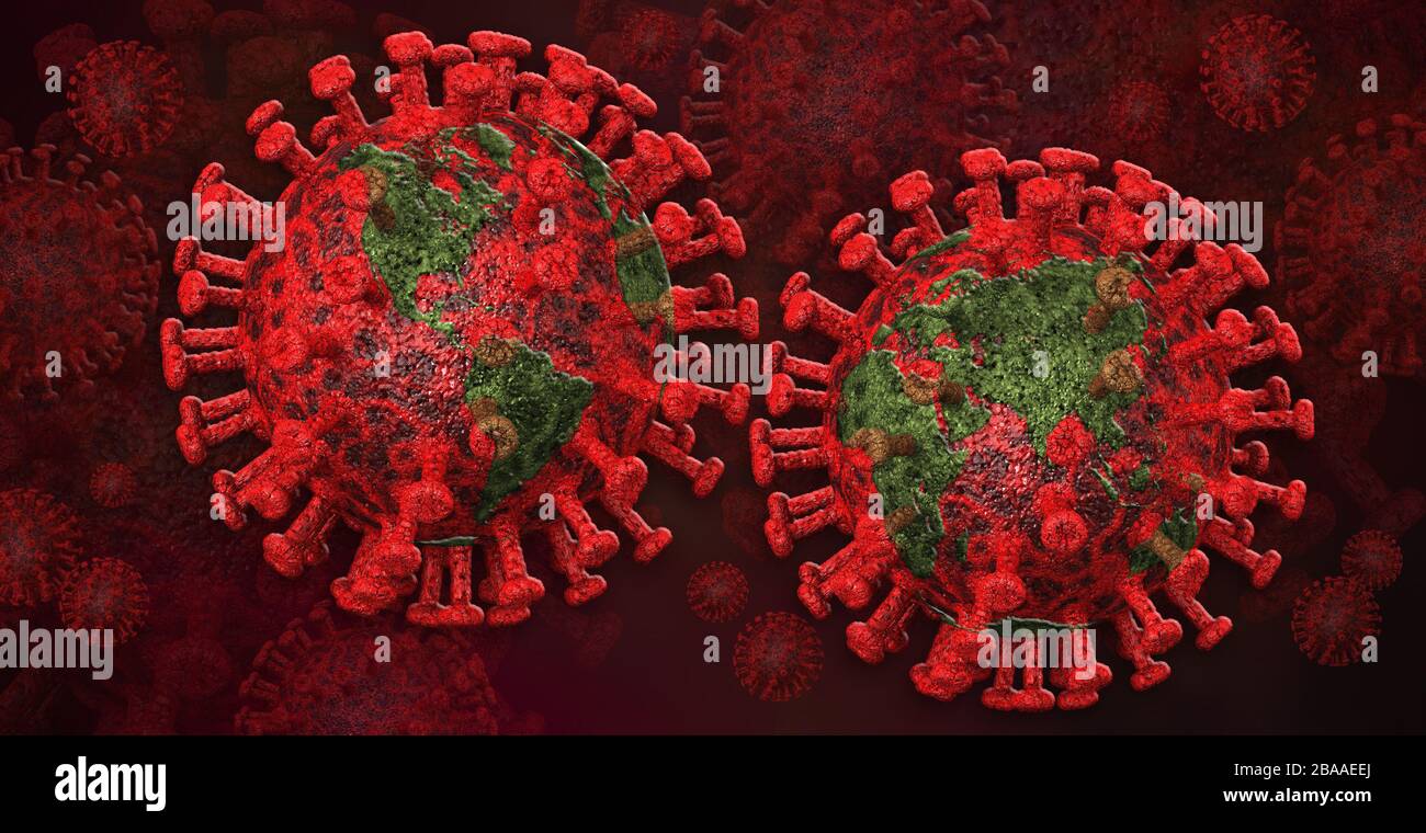 Global Pandemic. 3D Illustration of the Coronavirus molecule. Map of the globe, global hemispheres are visible on the surface of the virus structure. Stock Photo