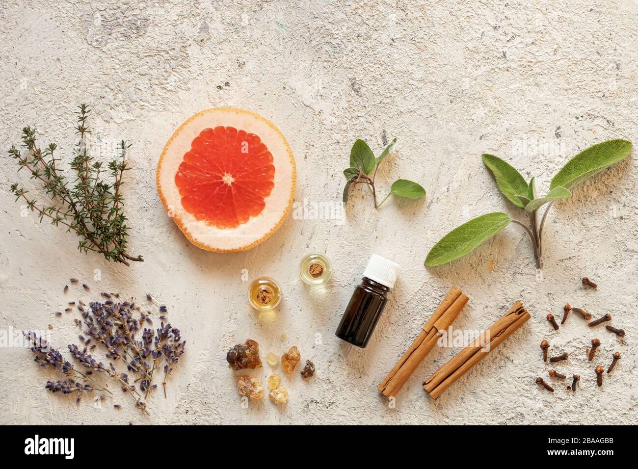 Mix of antibacterial, antiviral and immune-boosting essential oils, with empty space for a title Stock Photo