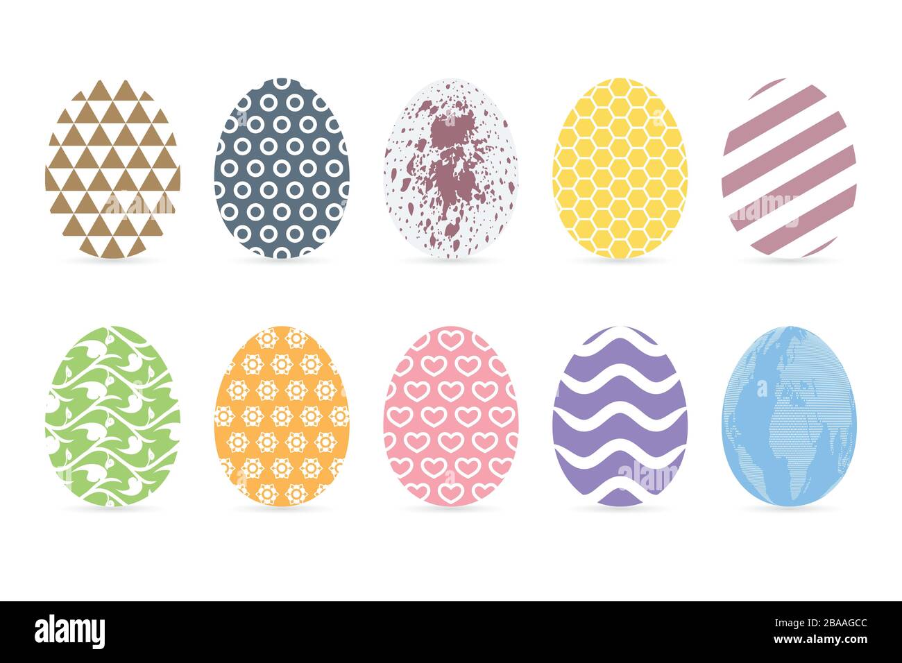 Pastel colored easter eggs on white background. Flat patterned egg icon set. Stock Vector