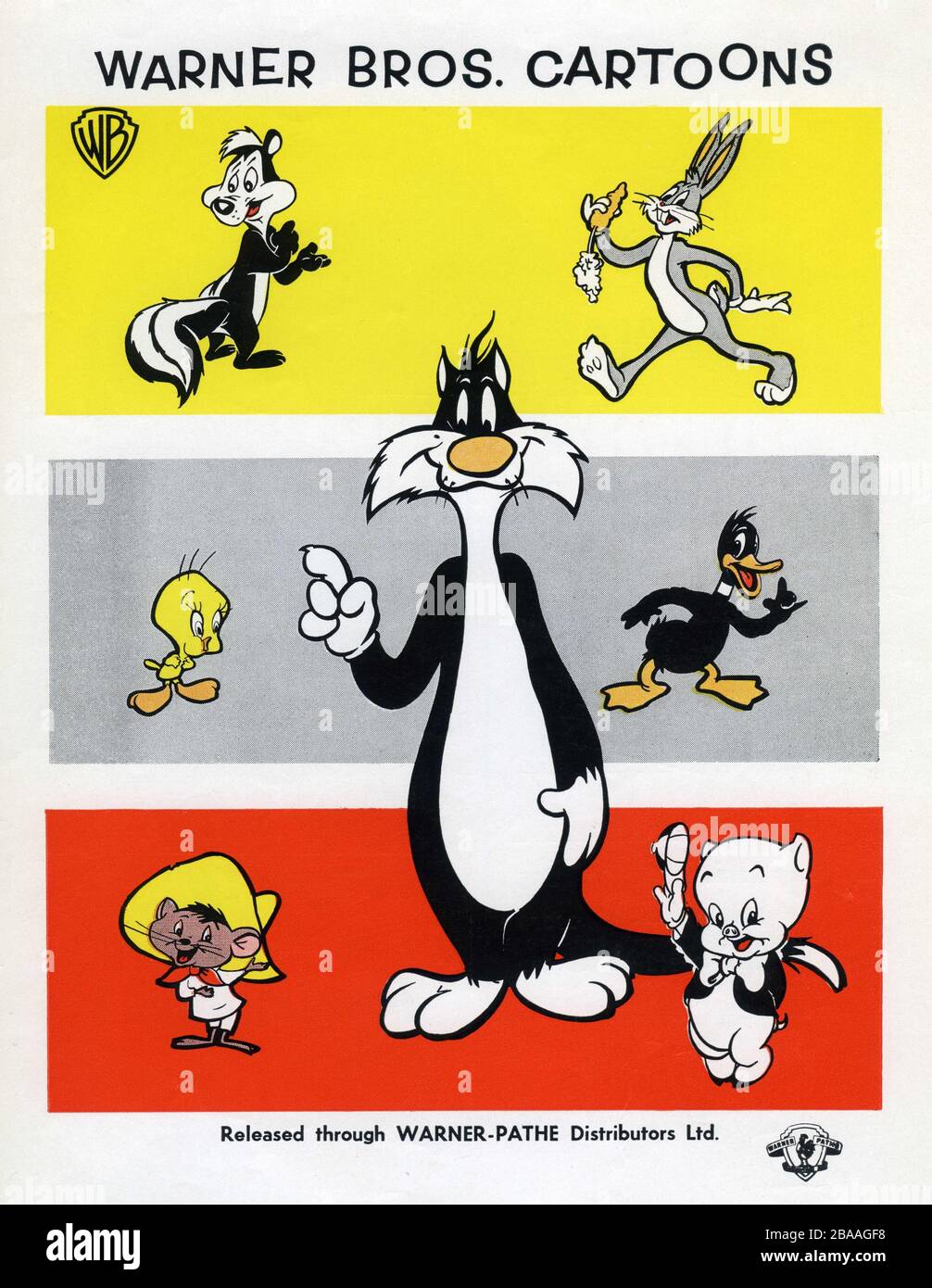 PEPE LE PEW SYLVESTER and TWEETIE PIE BUGS BUNNY DAFFY DUCK SPEEDY GONZALES and PORKY  PIG  in MERRIE MELODIES and LOONY TUNES Warner Bros. Cartoons later 1950's British Trade Ad Stock Photo