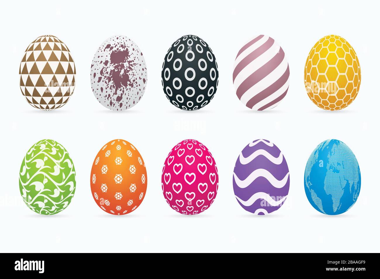 Colorful easter eggs on white background. Three dimensional patterned egg icon set. Stock Vector