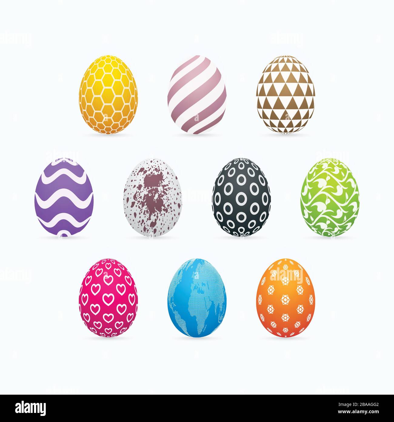 Colorful easter eggs on white background. Three dimensional patterned egg icon set. Stock Vector