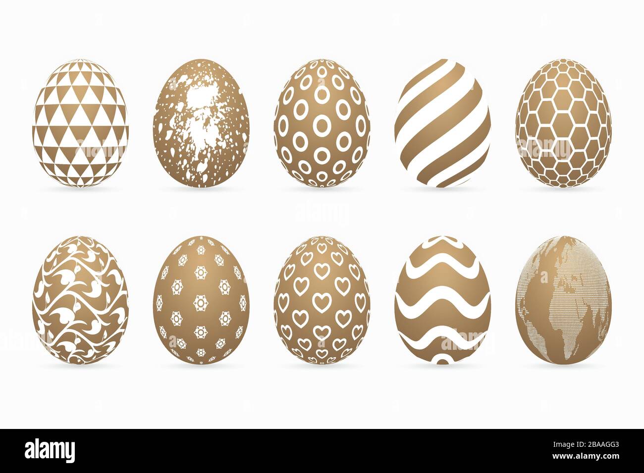 Gold colored easter eggs on white background. Three dimensional patterned egg icon set. Stock Vector