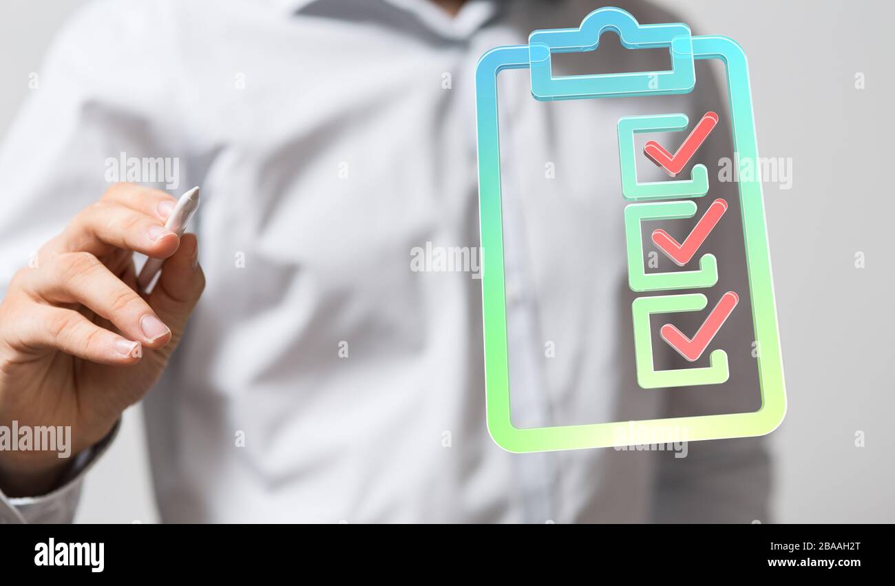 Touching Check List on Visual Screen Stock Photo