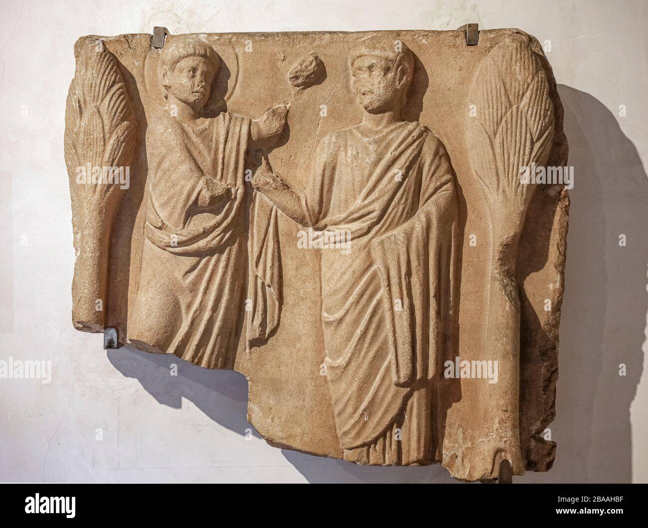 Italy - Emilia Romagna - Ravenna - National Museum -   scene, very rare in ancient Christian iconography, represents the moment when Thomas reaches out to the wound on the side of Christ, which raises his left arm at the end of the 4th century Stock Photo