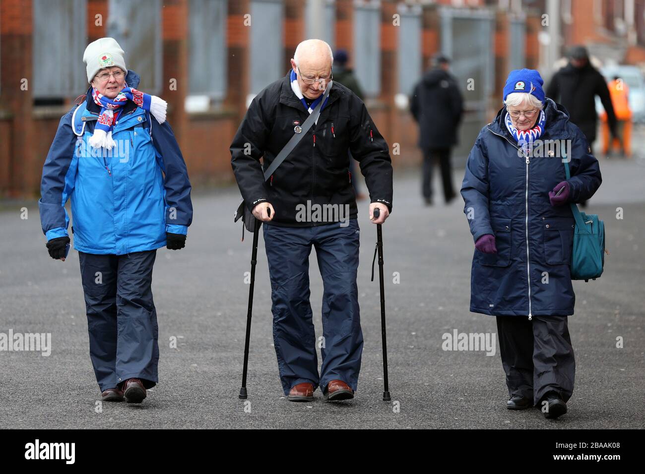 Blackburn Rovers fans arrive ahead of the Sky Bet Championship match at Ewood Park Stock Photo