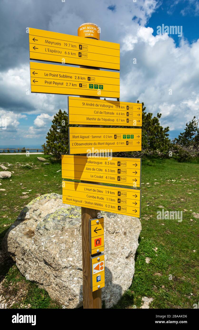 France, Cevennes National Park, Mont Aigoual, hiking trail sign Stock Photo