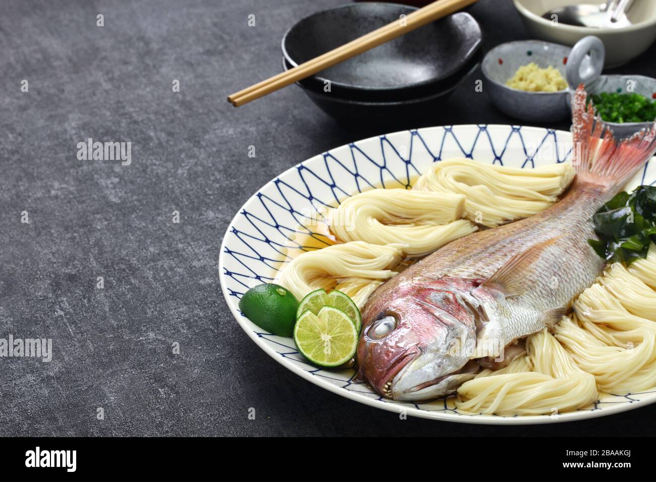 Tai somen, japanese very thin noodle mad of white flour with cooked red sea bream Stock Photo
