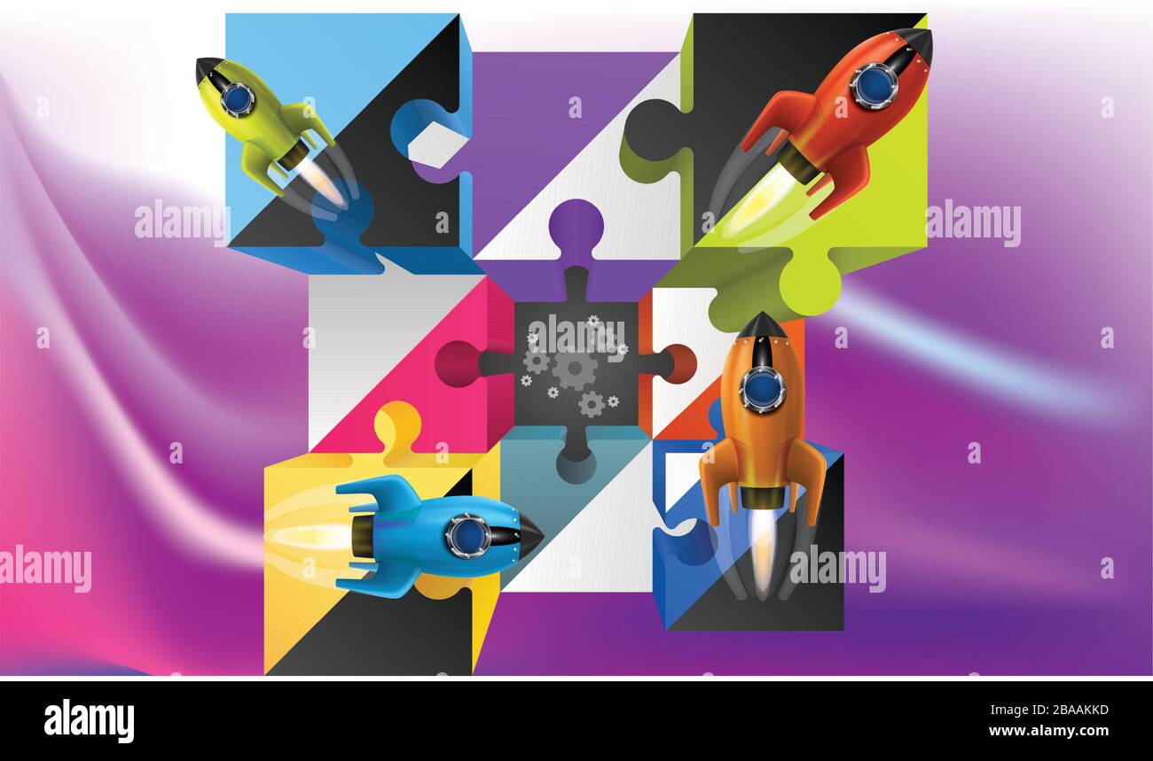 abstract cubes with colored spaceship on wave background Stock Vector