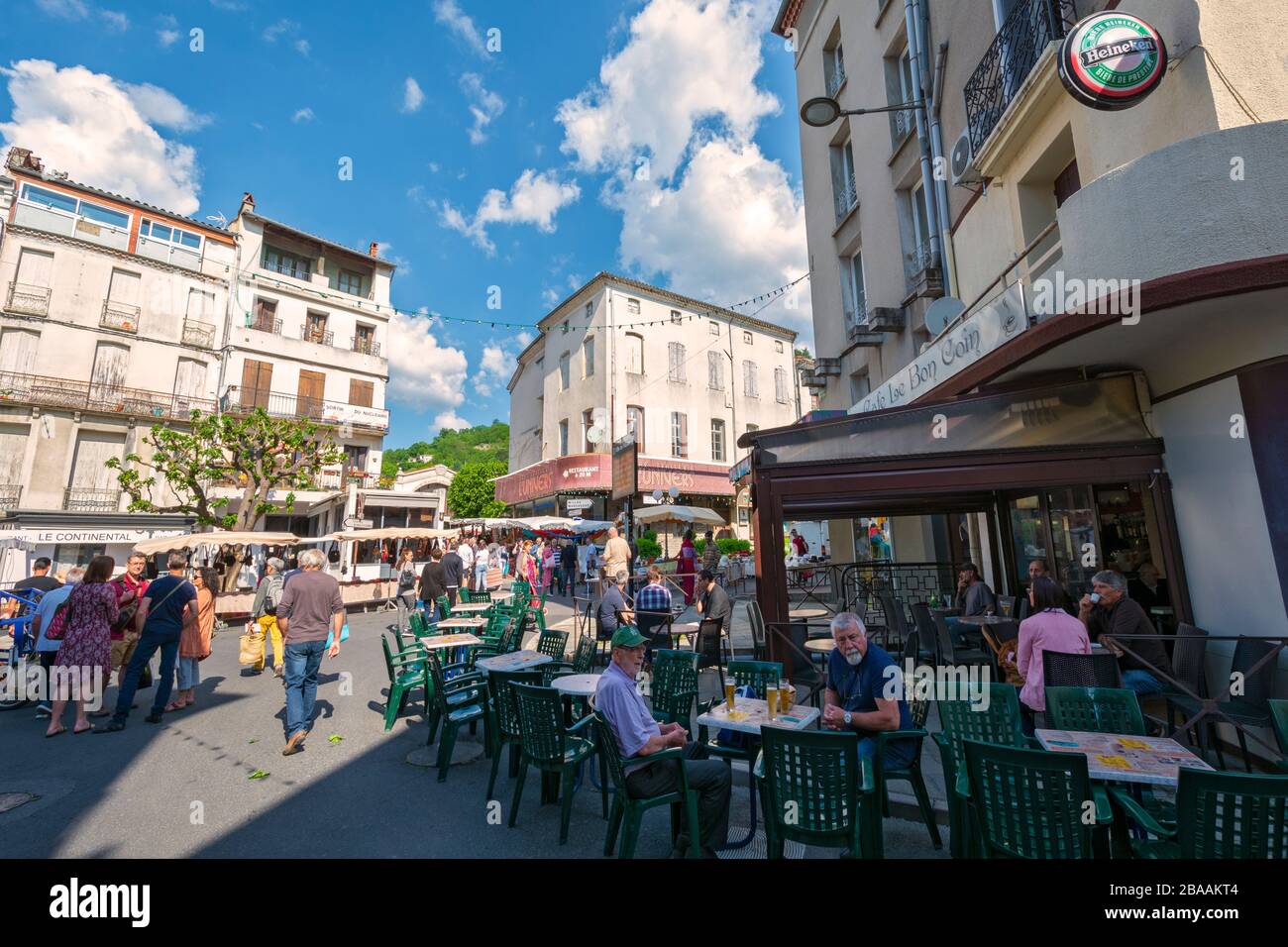 France, Cevennes National Park, Le Vigan, market day, sidewalk cafe Stock Photo