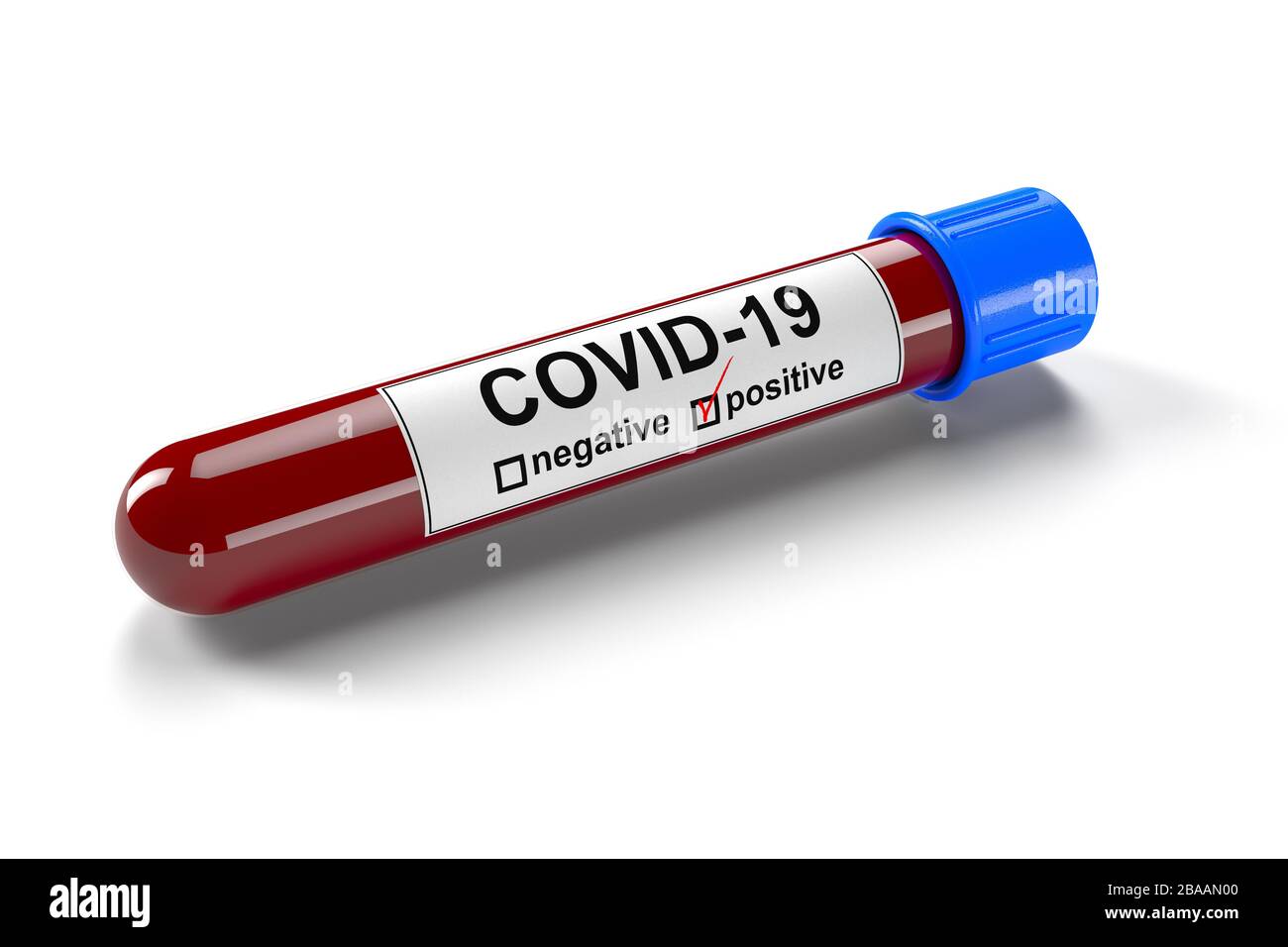 3D illustration of a blood test tube with positive COVID-19 test ...