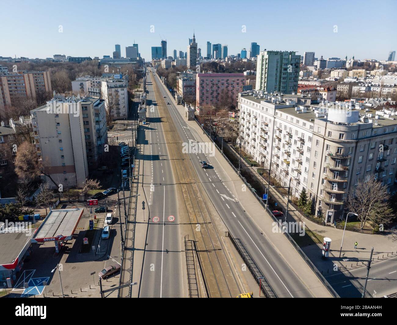 Warsaw, Poland - march 15 2020: empty streets of Warsaw, capial of Poland during coronavirus pandemic Stock Photo