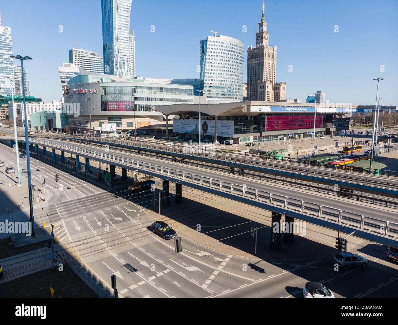 Warsaw, Poland - march 15 2020: empty streets of Warsaw, capial of Poland during coronavirus pandemic. Center of the city, Palace of Culture and Scien Stock Photo