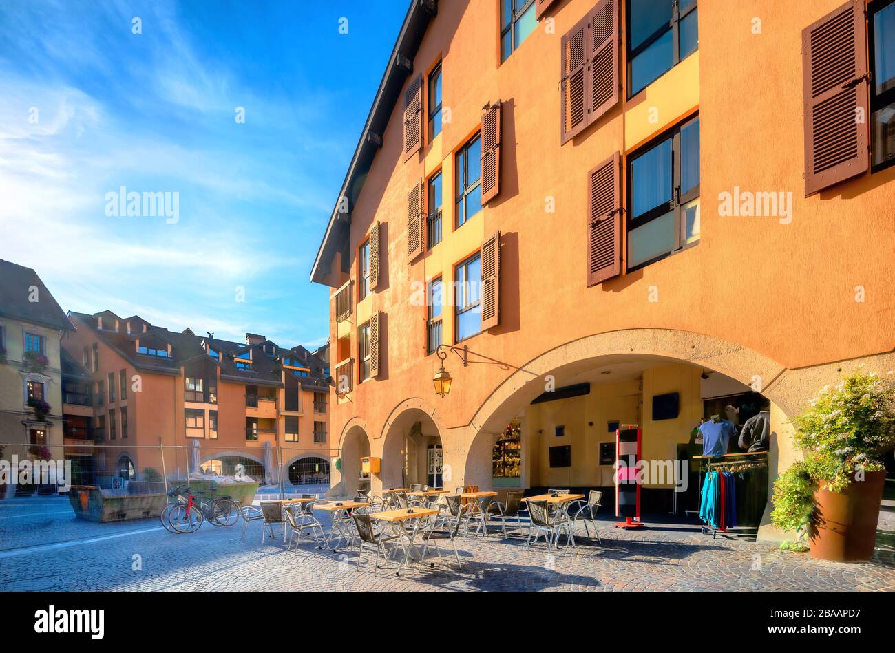 Street view of residential district in centre old city Annecy. French alps, France Stock Photo