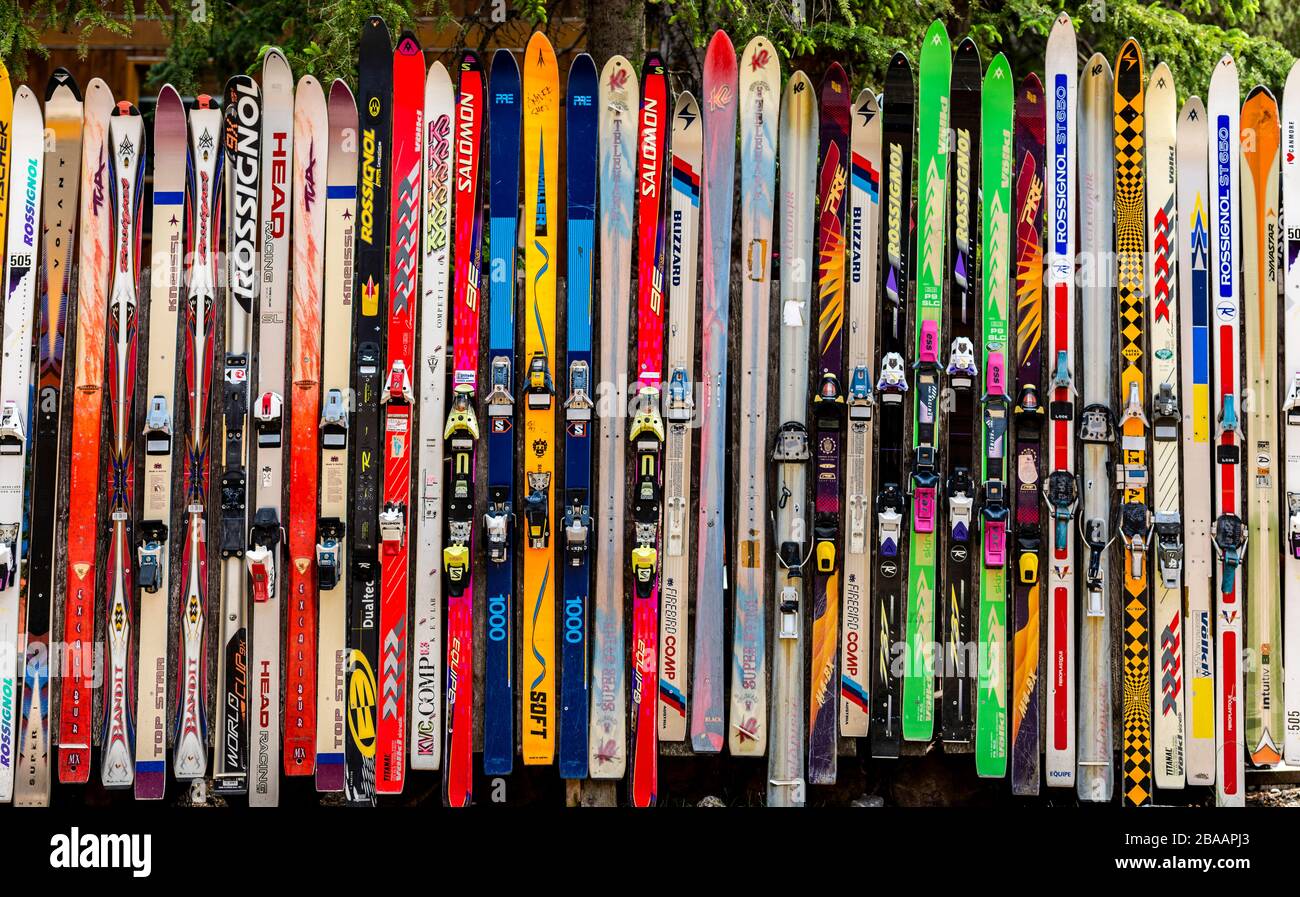 View of fence made of used skis, Canmore, Alberta, Canada Stock Photo