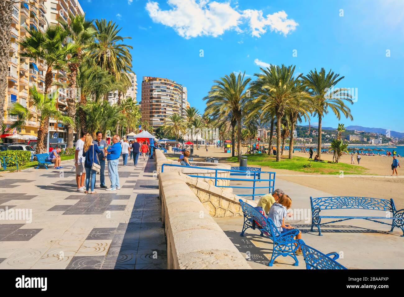 View of Paseo Maritimo seaside promenade along Malagueta beach.Malaga, Spain Stock Photo