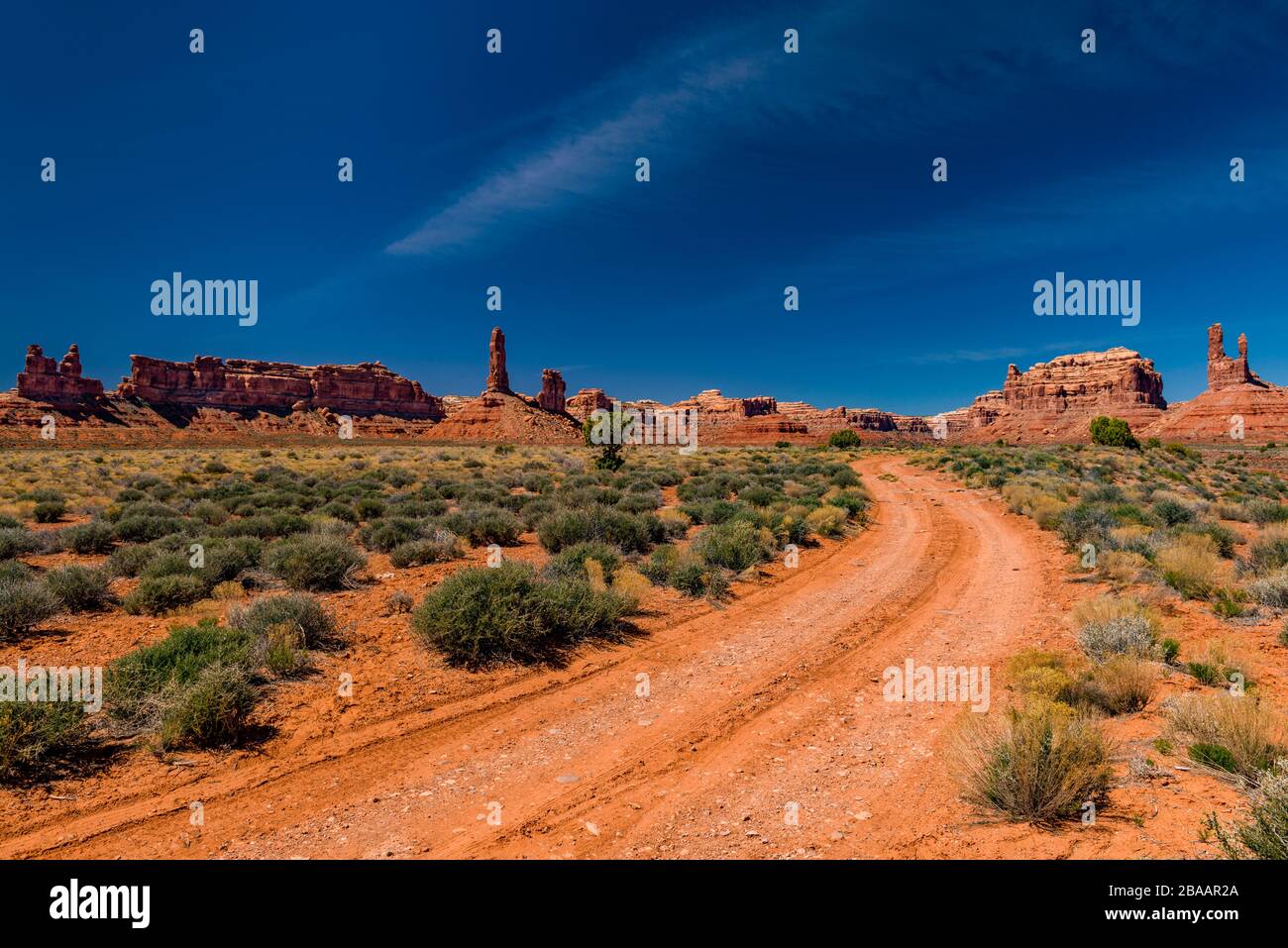 View of dirt road on Valley of the Gods, Mexican Hat, Utah, USA Stock Photo