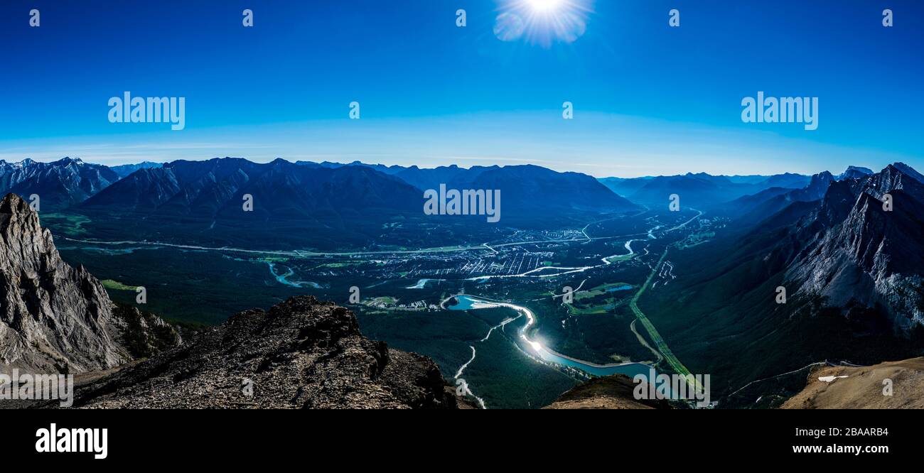 View from mountain peak into Canmore, Alberta, Canada Stock Photo