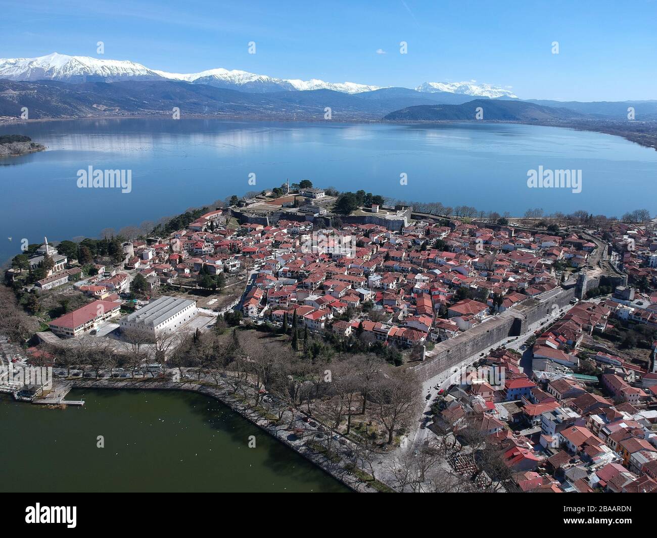 Aerial View Ioannina city lake pamvotida Stock Photo