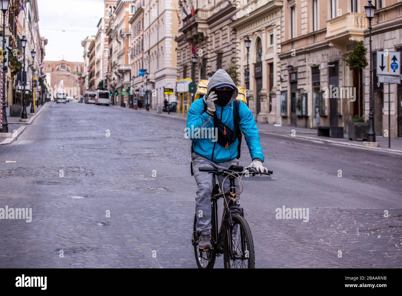 Rome March 25th 2020 Rome during the Coronavirus pandemic. worker in Via Nazionale Photo by Elio Castoria Stock Photo