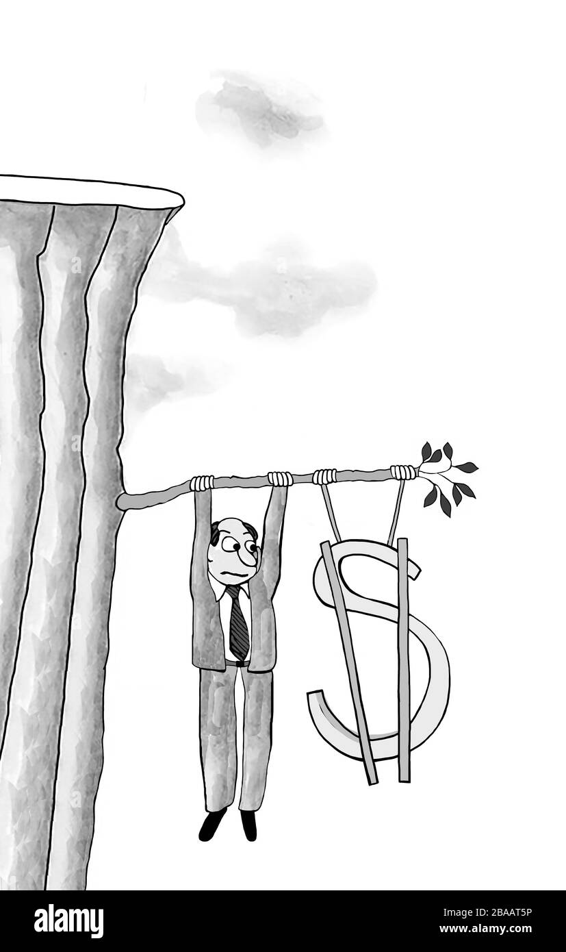 Cartoon showing a business man and a dollar sign barely hanging on to a tree limb. Stock Photo