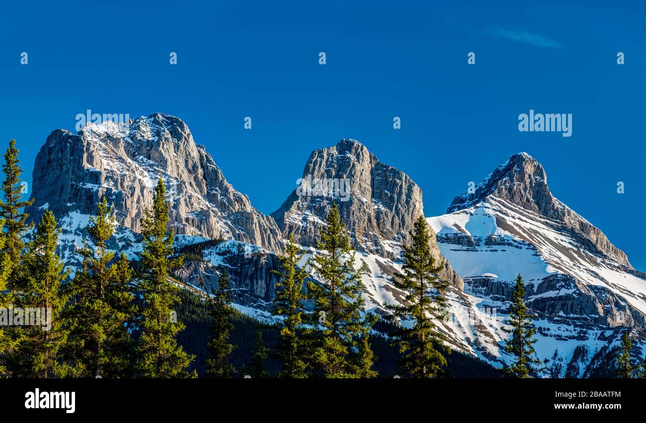 View of Three Sisters Mountain and Spruce Forest, Canmore, Alberta, Canada Stock Photo